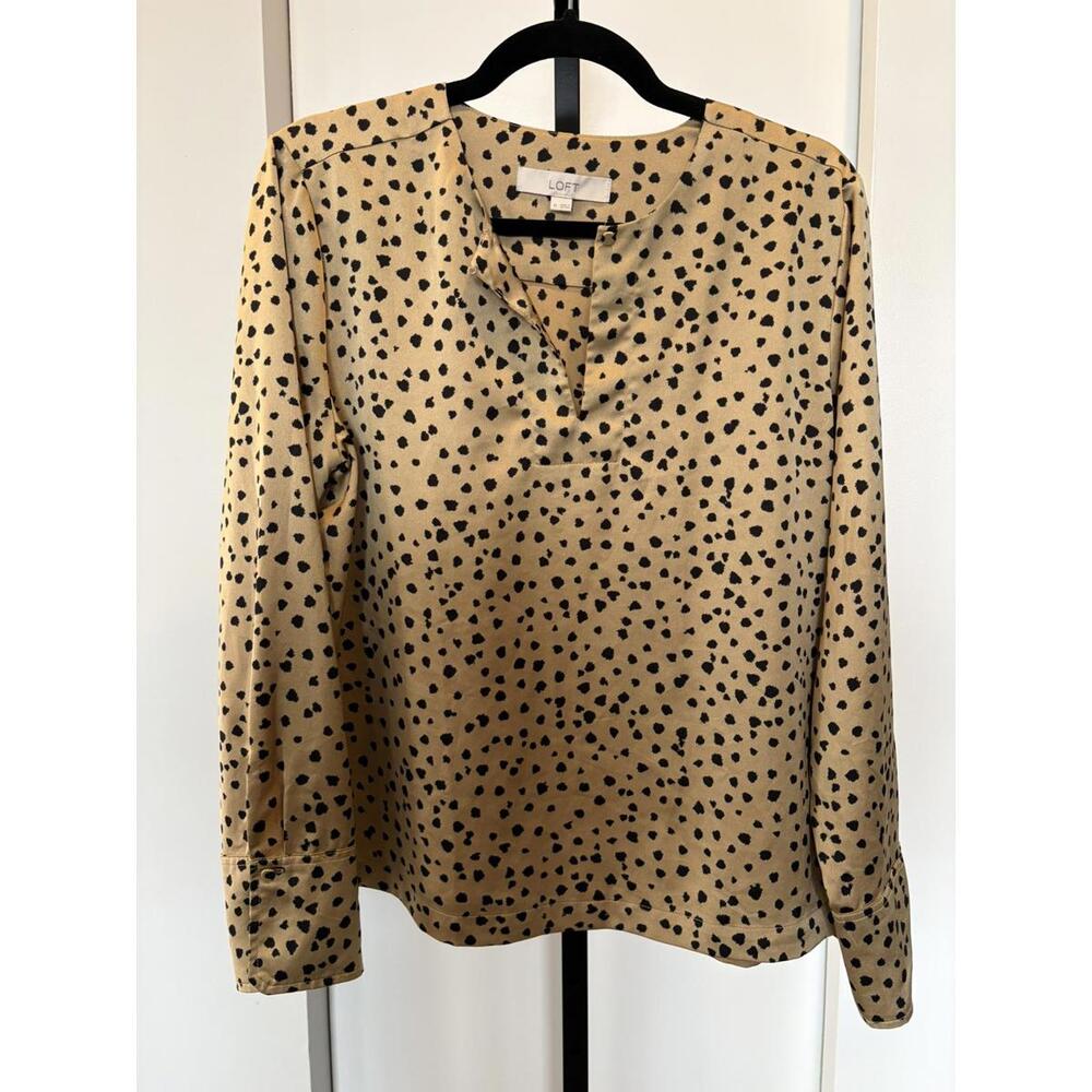 LOFT Cheetah Print Split Neck Satin Blouse M